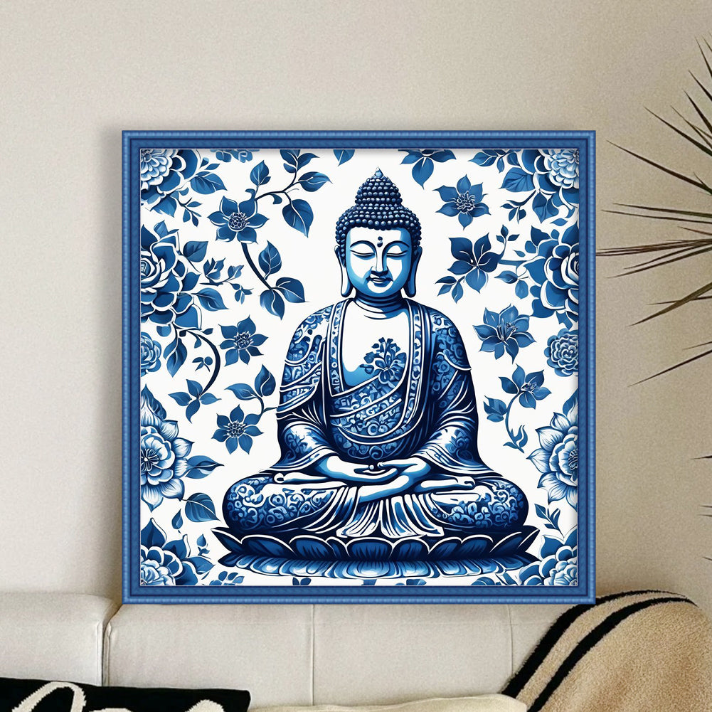 Blue And White Porcelain - Buddha Statue - Full 14CT Stamped Cross Stitch 40x40CM - Huacan