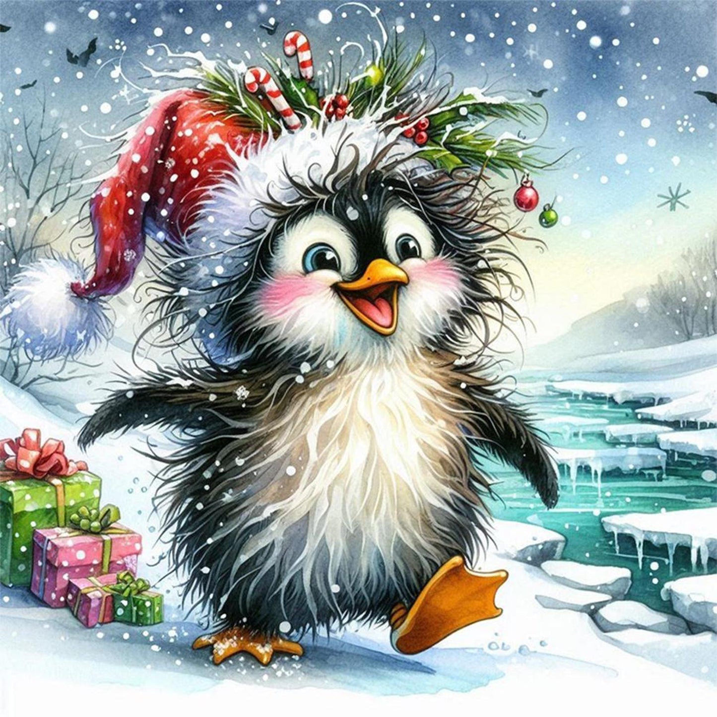 Cute Winter Penguin - Full 18CT Stamped Cross Stitch 30x30CM - Huacan