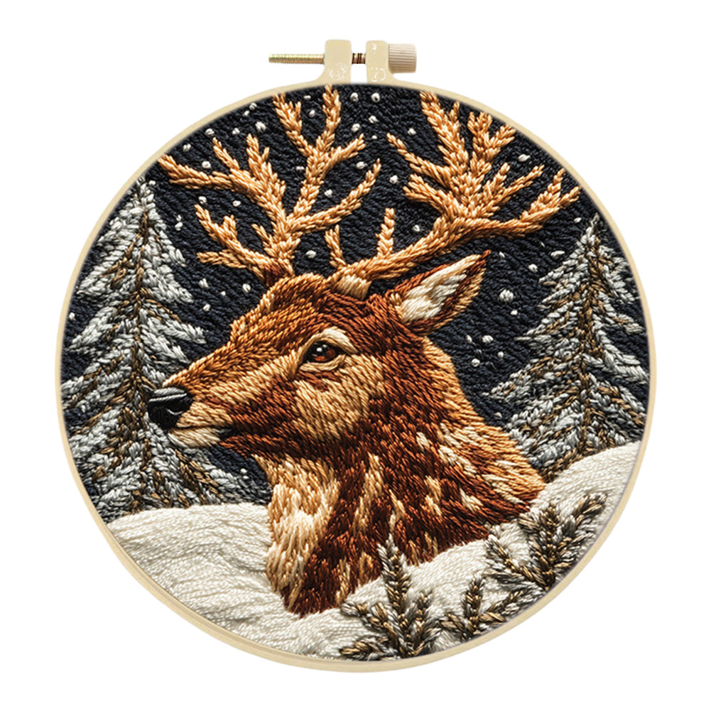 Elk In Forest - DIY Embroidery Cross Stitch Kit with Pattern Cotton Threads Needles Hoop 30x30CM/11.81x11.81in