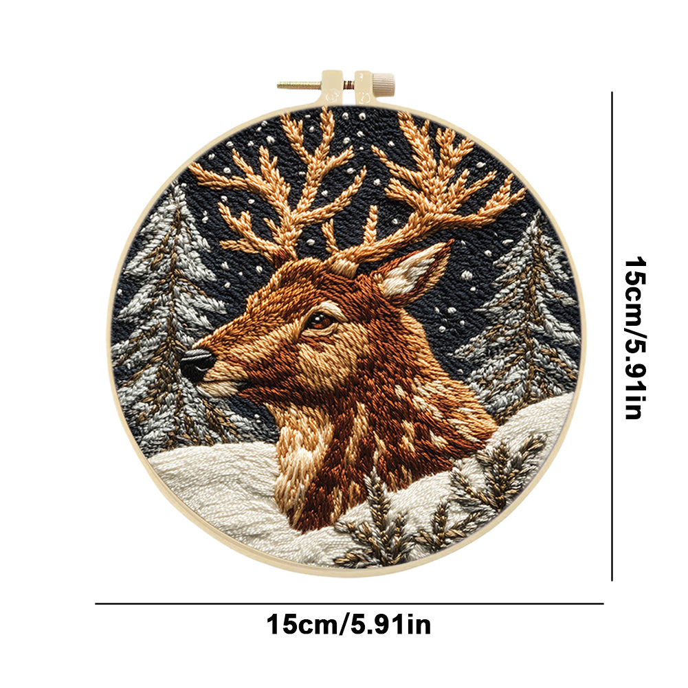 Elk In Forest - DIY Embroidery Cross Stitch Kit with Pattern Cotton Threads Needles Hoop 30x30CM/11.81x11.81in