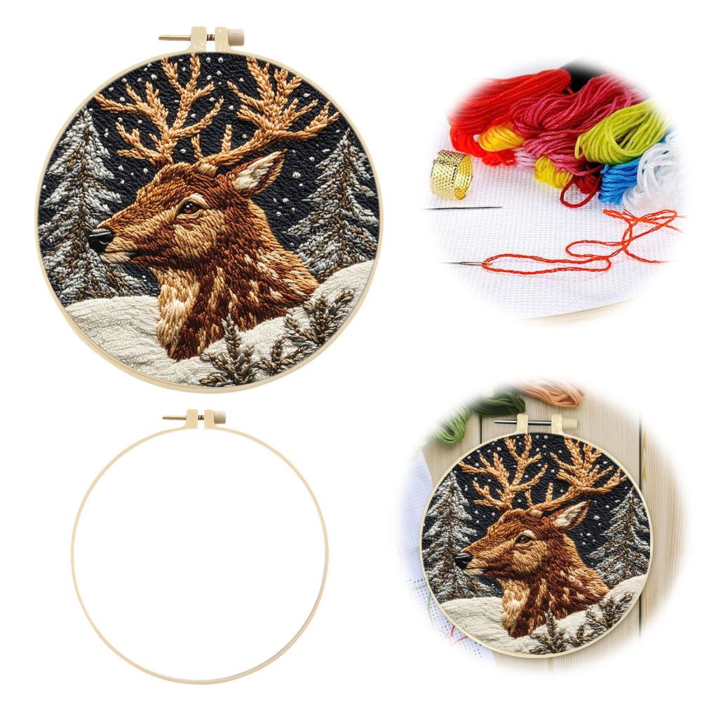 Elk In Forest - DIY Embroidery Cross Stitch Kit with Pattern Cotton Threads Needles Hoop 30x30CM/11.81x11.81in