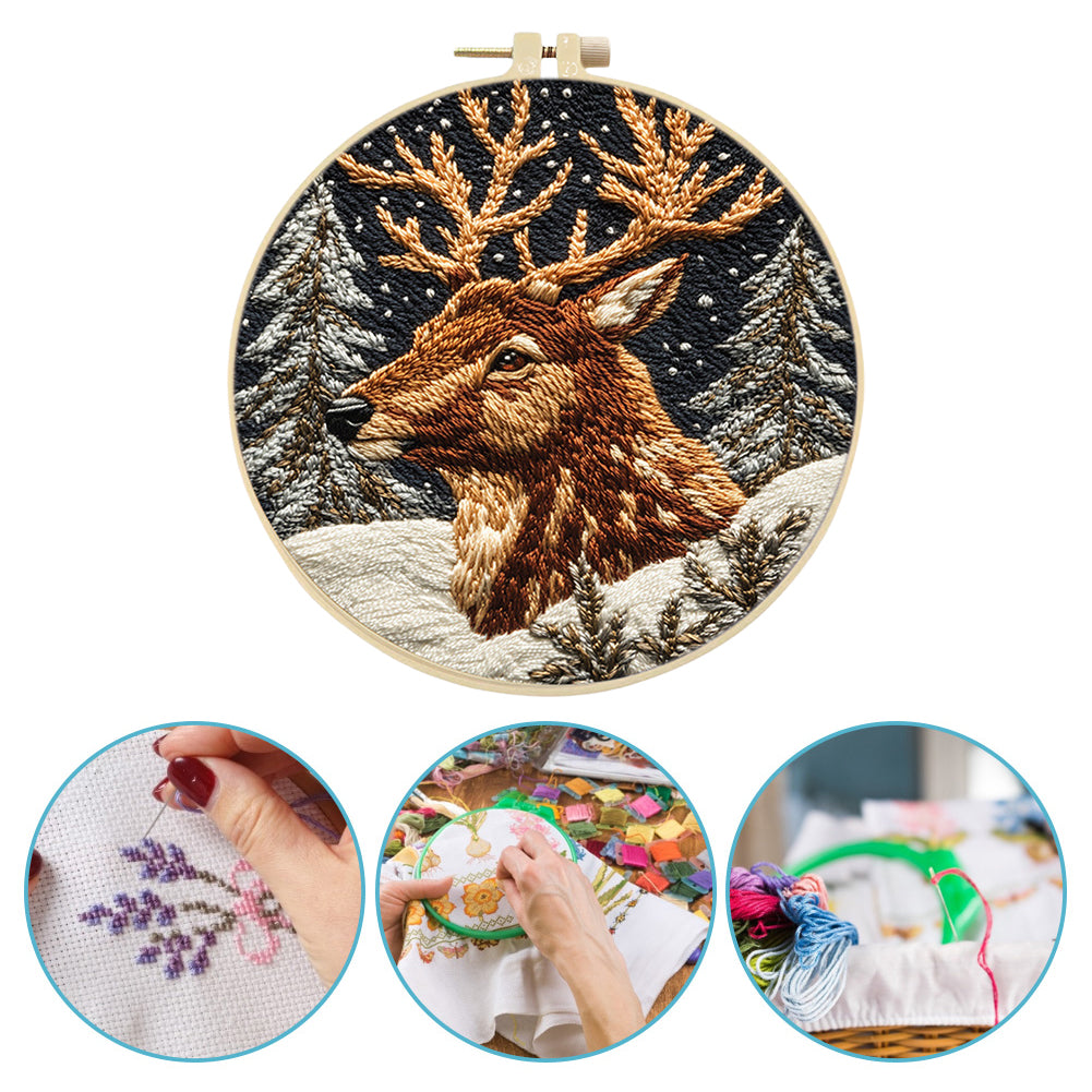 Elk In Forest - DIY Embroidery Cross Stitch Kit with Pattern Cotton Threads Needles Hoop 30x30CM/11.81x11.81in