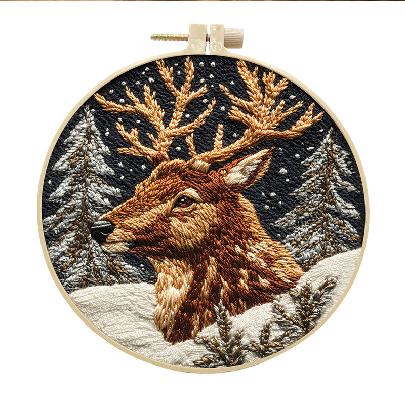 Elk In Forest - DIY Embroidery Cross Stitch Kit with Pattern Cotton Threads Needles Hoop 30x30CM/11.81x11.81in