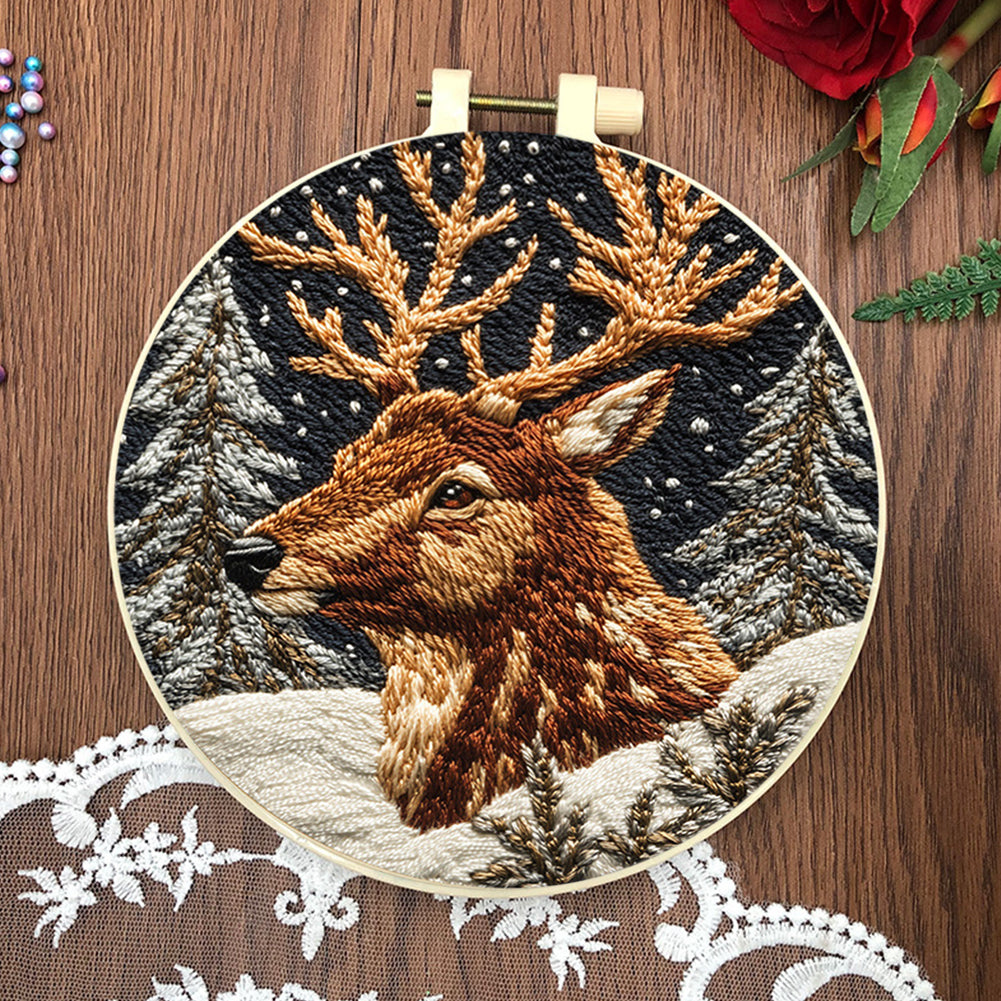 Elk In Forest - DIY Embroidery Cross Stitch Kit with Pattern Cotton Threads Needles Hoop 30x30CM/11.81x11.81in