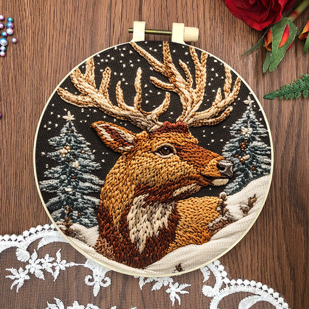 Elk Dream - DIY Embroidery Cross Stitch Kit with Pattern Cotton Threads Needles Hoop 30x30CM/11.81x11.81in