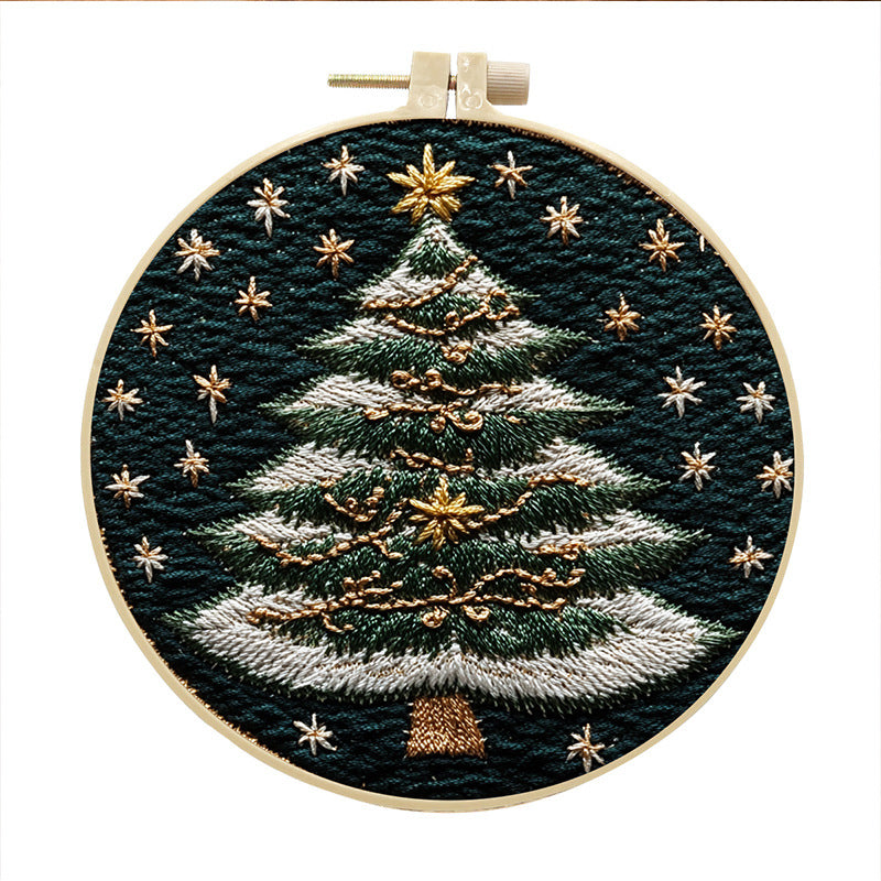 White-Edged Christmas Tree - DIY Embroidery Cross Stitch Kit with Pattern Cotton Threads Needles Hoop 30x30CM/11.81x11.81in