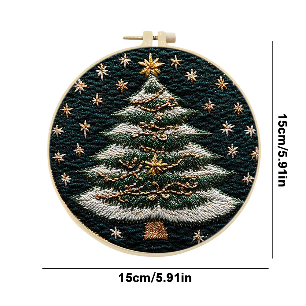White-Edged Christmas Tree - DIY Embroidery Cross Stitch Kit with Pattern Cotton Threads Needles Hoop 30x30CM/11.81x11.81in