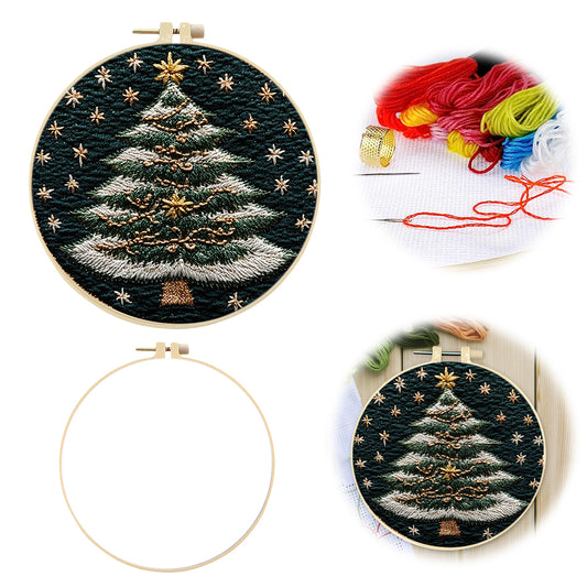 White-Edged Christmas Tree - DIY Embroidery Cross Stitch Kit with Pattern Cotton Threads Needles Hoop 30x30CM/11.81x11.81in