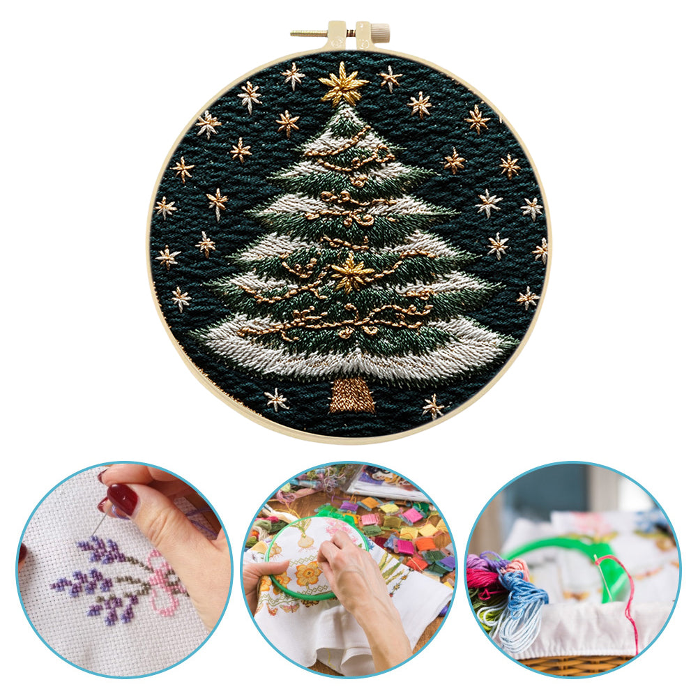 White-Edged Christmas Tree - DIY Embroidery Cross Stitch Kit with Pattern Cotton Threads Needles Hoop 30x30CM/11.81x11.81in
