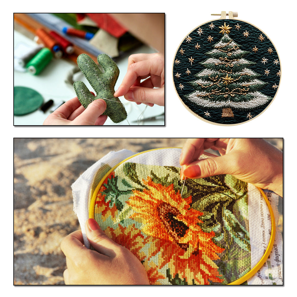 White-Edged Christmas Tree - DIY Embroidery Cross Stitch Kit with Pattern Cotton Threads Needles Hoop 30x30CM/11.81x11.81in