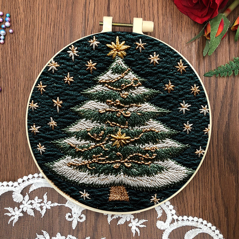 White-Edged Christmas Tree - DIY Embroidery Cross Stitch Kit with Pattern Cotton Threads Needles Hoop 30x30CM/11.81x11.81in