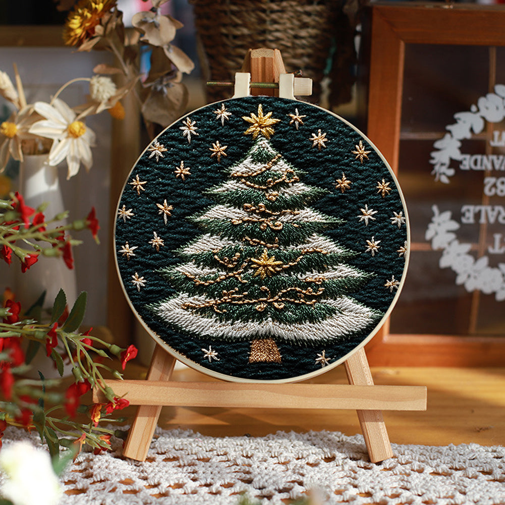 White-Edged Christmas Tree - DIY Embroidery Cross Stitch Kit with Pattern Cotton Threads Needles Hoop 30x30CM/11.81x11.81in