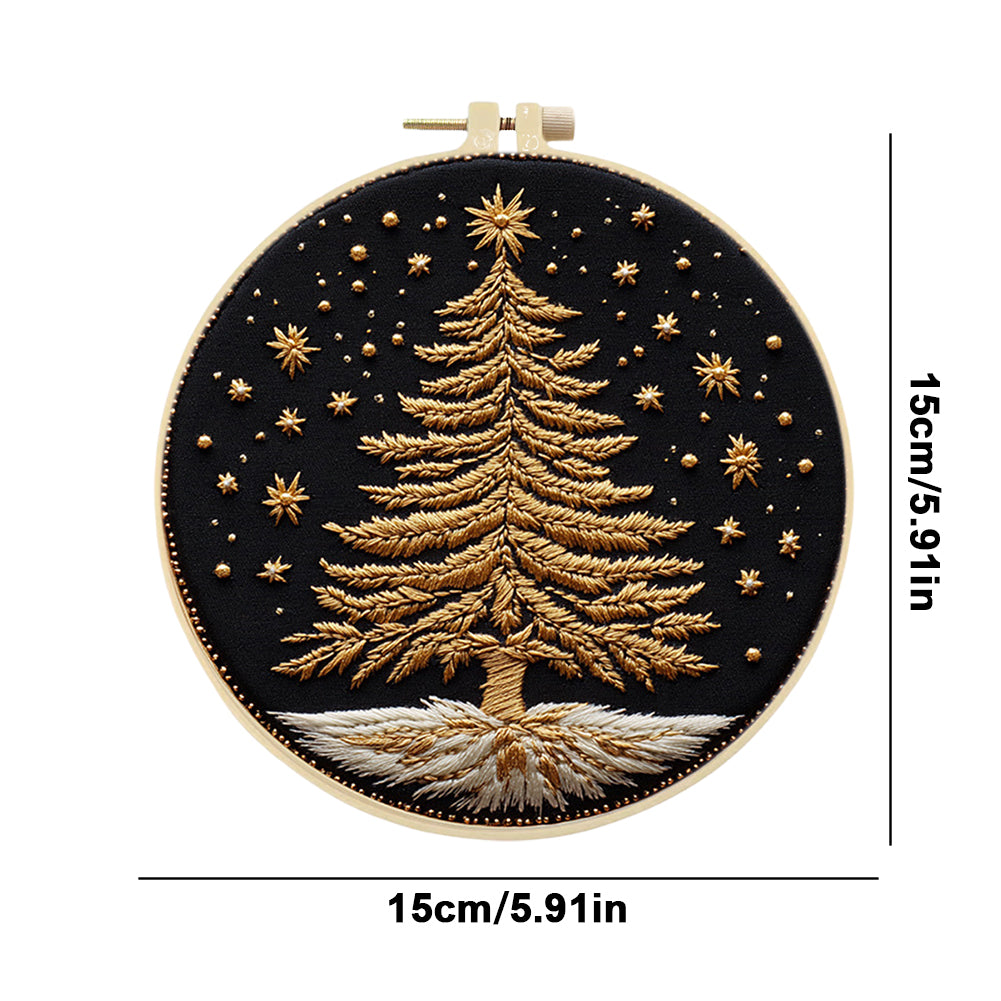 Golden Christmas Tree - DIY Embroidery Cross Stitch Kit with Pattern Cotton Threads Needles Hoop 30x30CM/11.81x11.81in