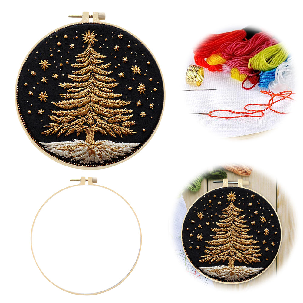 Golden Christmas Tree - DIY Embroidery Cross Stitch Kit with Pattern Cotton Threads Needles Hoop 30x30CM/11.81x11.81in