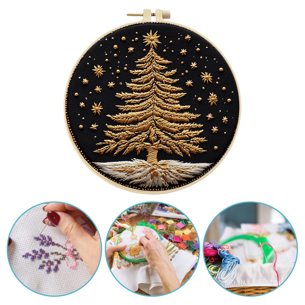 Golden Christmas Tree - DIY Embroidery Cross Stitch Kit with Pattern Cotton Threads Needles Hoop 30x30CM/11.81x11.81in