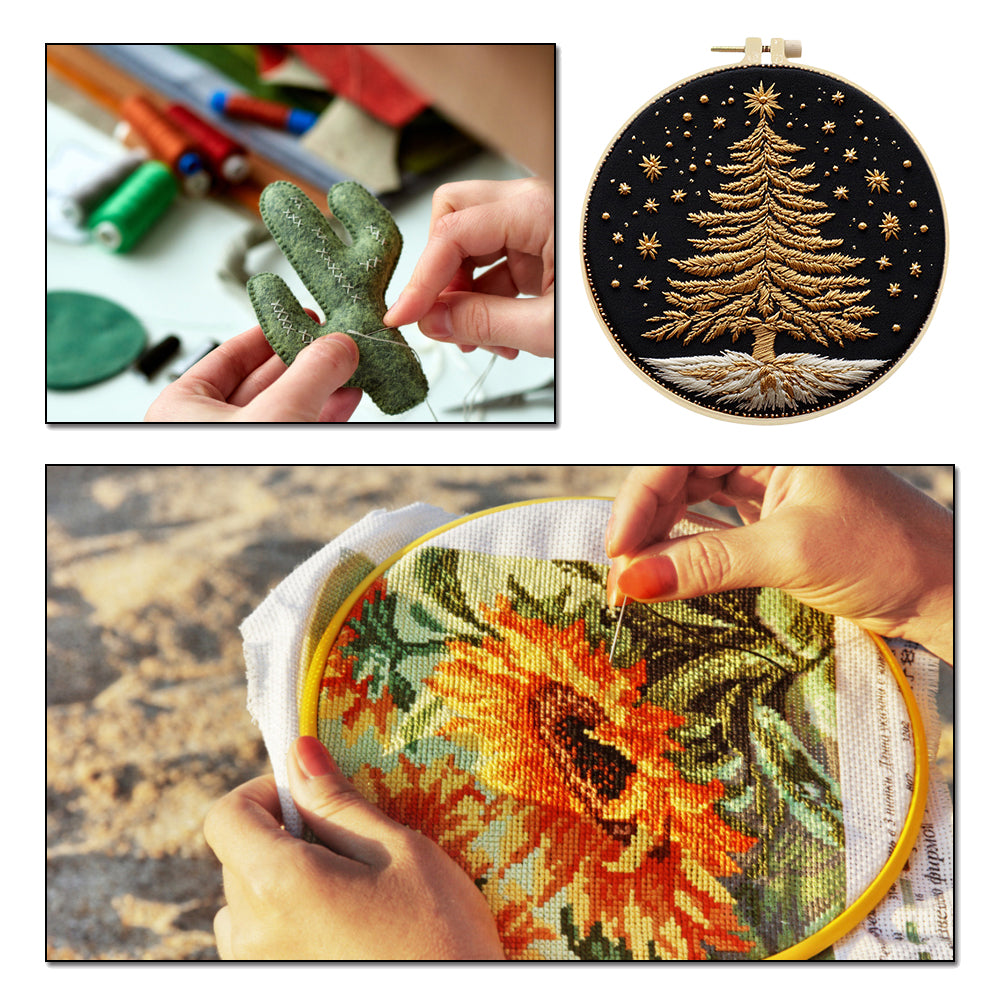Golden Christmas Tree - DIY Embroidery Cross Stitch Kit with Pattern Cotton Threads Needles Hoop 30x30CM/11.81x11.81in