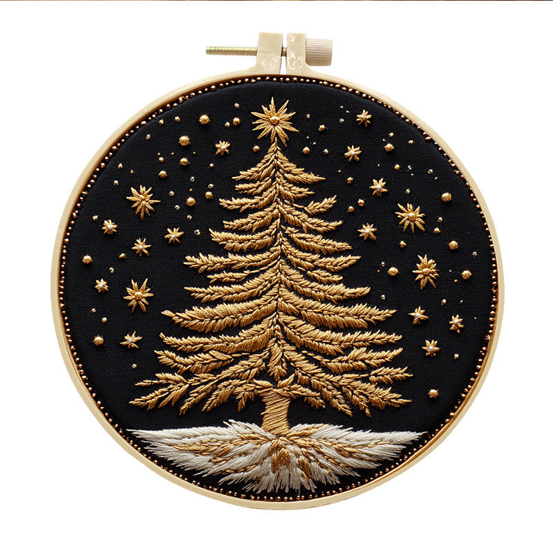 Golden Christmas Tree - DIY Embroidery Cross Stitch Kit with Pattern Cotton Threads Needles Hoop 30x30CM/11.81x11.81in