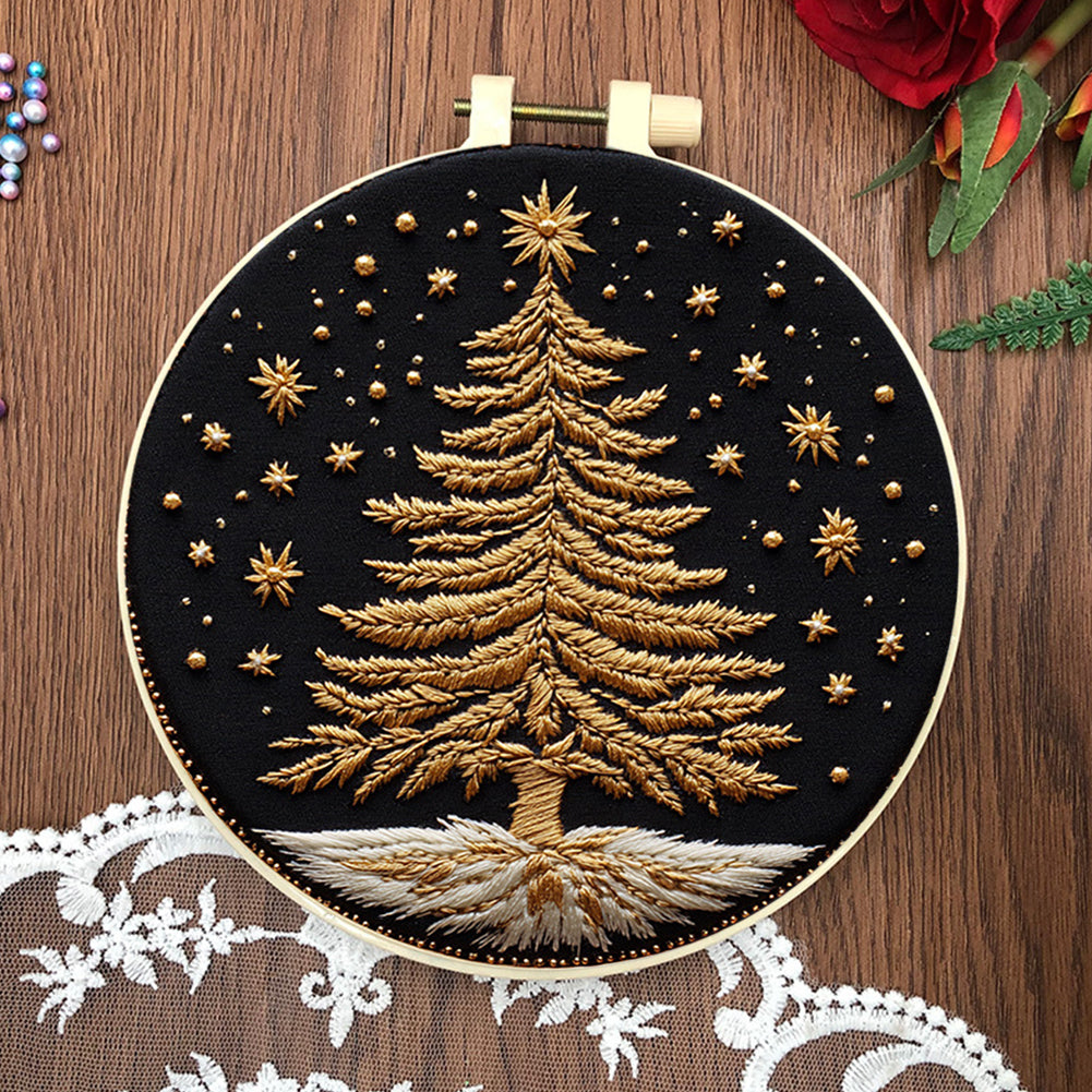 Golden Christmas Tree - DIY Embroidery Cross Stitch Kit with Pattern Cotton Threads Needles Hoop 30x30CM/11.81x11.81in