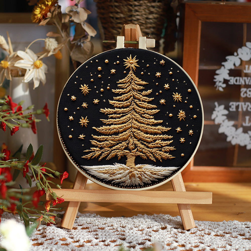 Golden Christmas Tree - DIY Embroidery Cross Stitch Kit with Pattern Cotton Threads Needles Hoop 30x30CM/11.81x11.81in