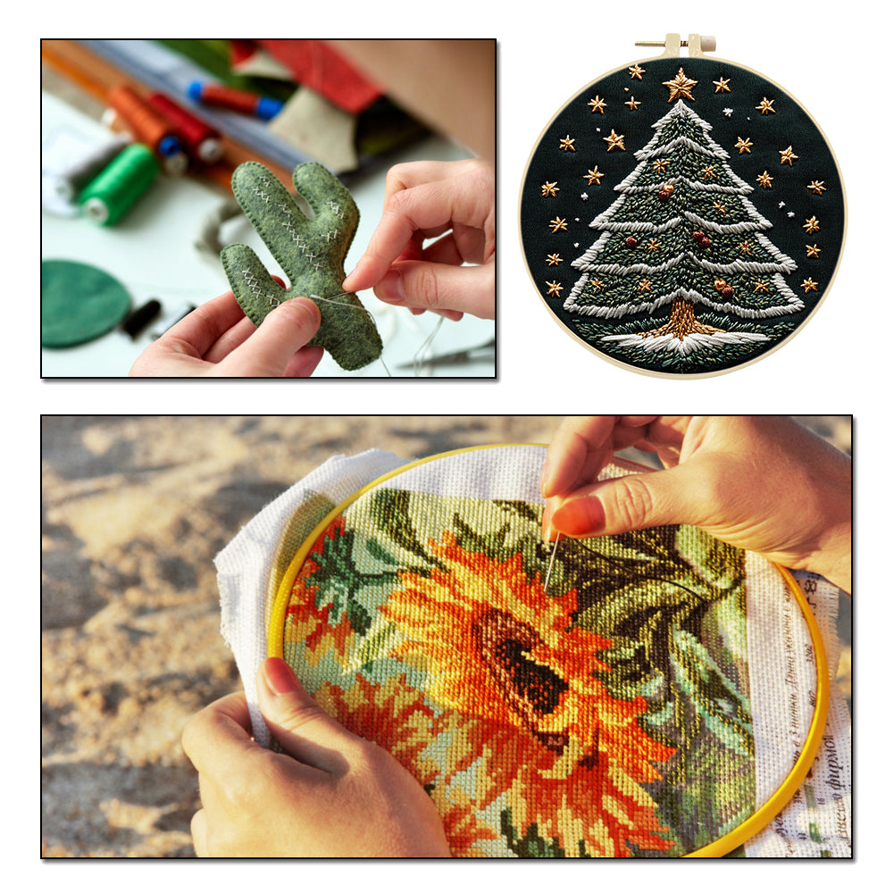 Star Christmas Tree - DIY Embroidery Cross Stitch Kit with Pattern Cotton Threads Needles Hoop 30x30CM/11.81x11.81in