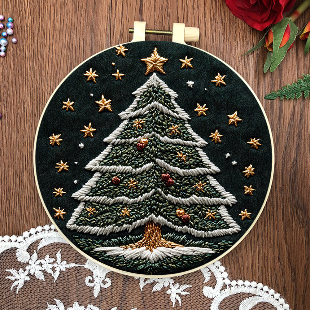 Star Christmas Tree - DIY Embroidery Cross Stitch Kit with Pattern Cotton Threads Needles Hoop 30x30CM/11.81x11.81in