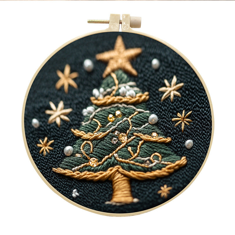 Pearl Christmas Tree - DIY Embroidery Cross Stitch Kit with Pattern Cotton Threads Needles Hoop 30x30CM/11.81x11.81in