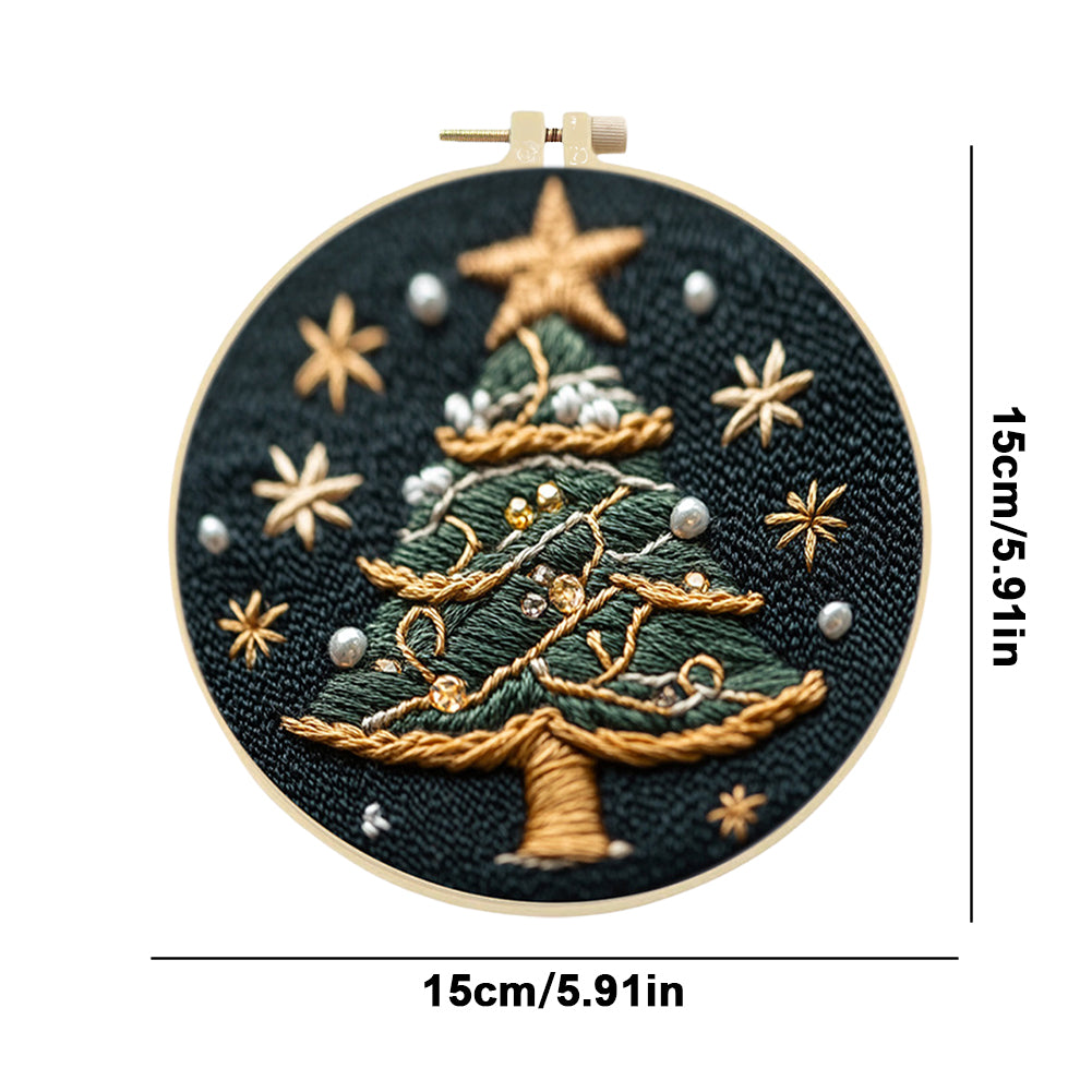 Pearl Christmas Tree - DIY Embroidery Cross Stitch Kit with Pattern Cotton Threads Needles Hoop 30x30CM/11.81x11.81in