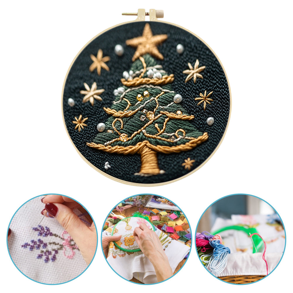 Pearl Christmas Tree - DIY Embroidery Cross Stitch Kit with Pattern Cotton Threads Needles Hoop 30x30CM/11.81x11.81in