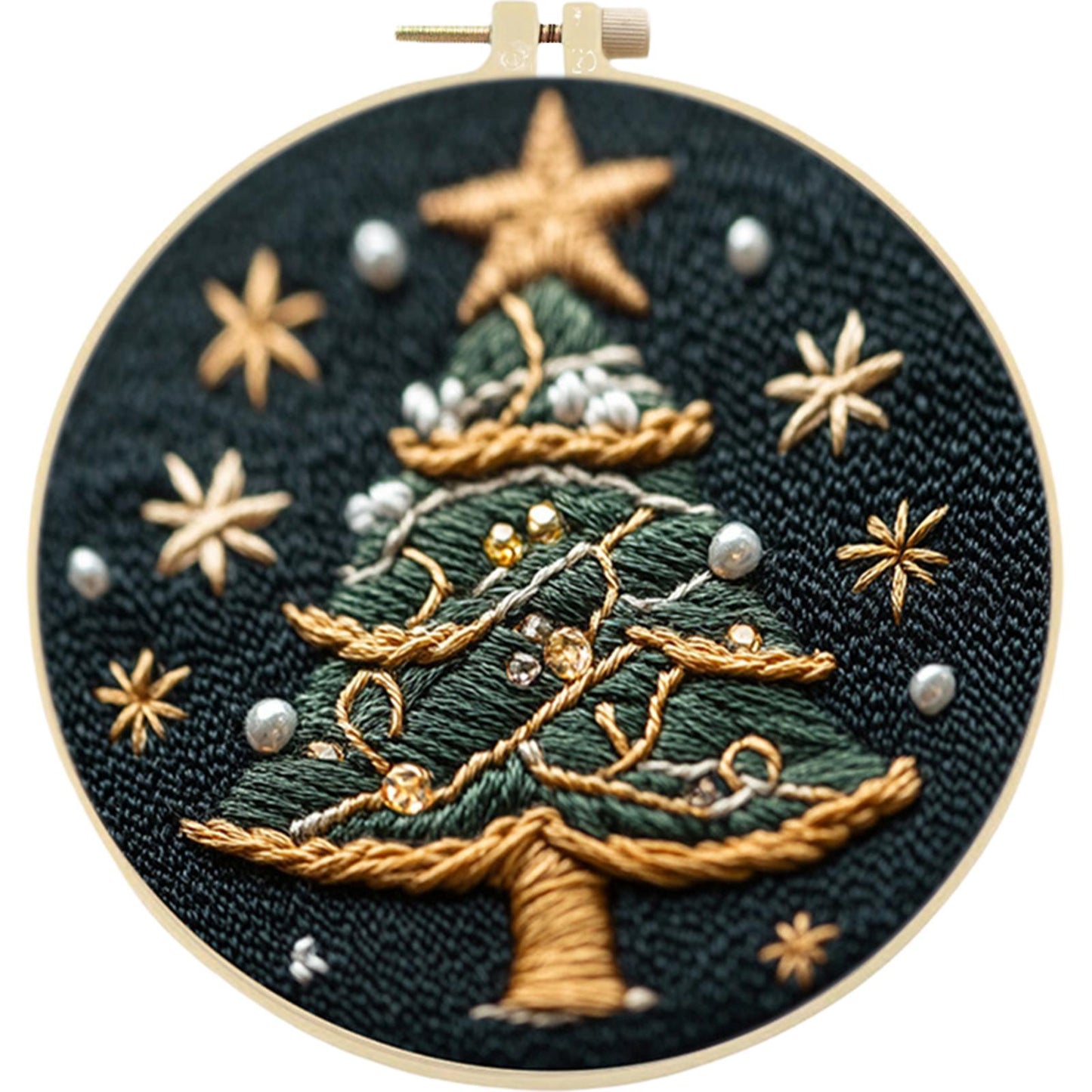 Pearl Christmas Tree - DIY Embroidery Cross Stitch Kit with Pattern Cotton Threads Needles Hoop 30x30CM/11.81x11.81in