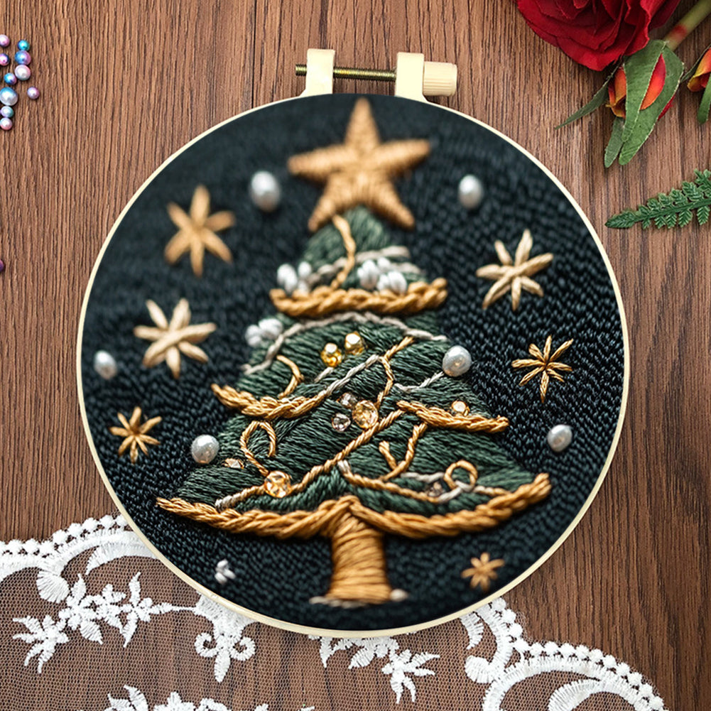 Pearl Christmas Tree - DIY Embroidery Cross Stitch Kit with Pattern Cotton Threads Needles Hoop 30x30CM/11.81x11.81in