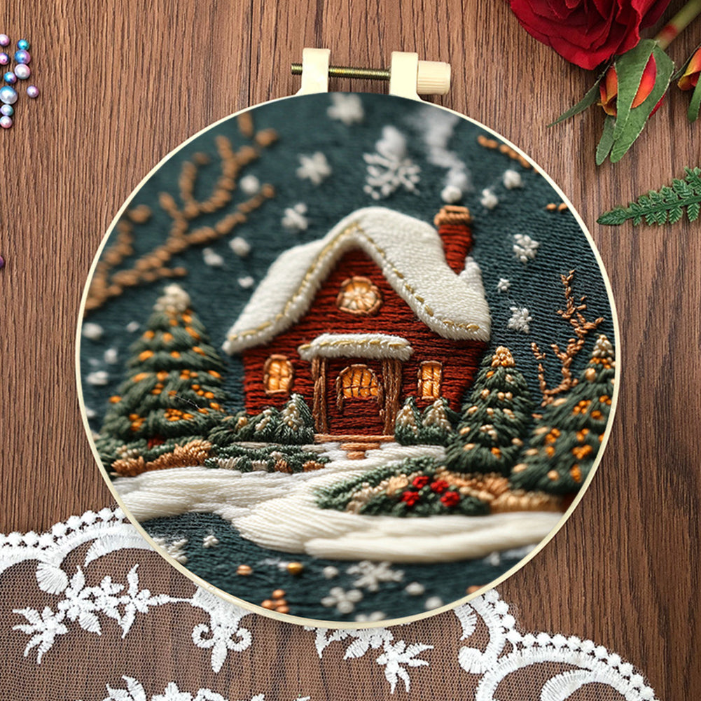 Christmas House - DIY Embroidery Cross Stitch Kit with Pattern Cotton Threads Needles Hoop 30x30CM/11.81x11.81in