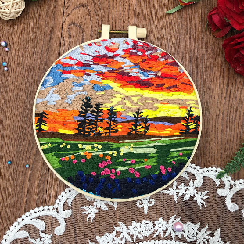 Bright Spring Scene - DIY Embroidery Cross Stitch Kit with Pattern Cotton Threads Needles Hoop 30x30CM/11.81x11.81in