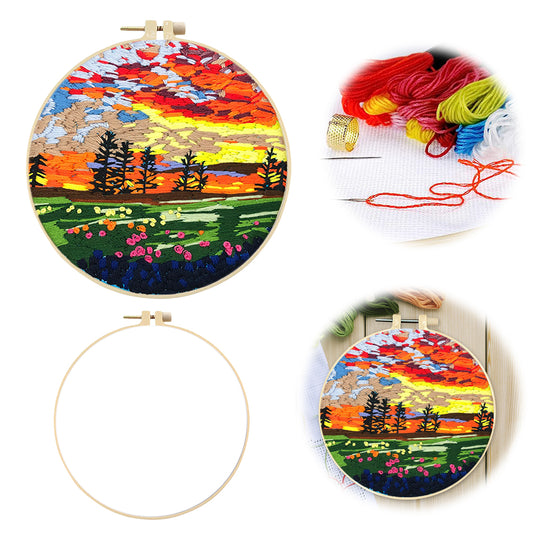 Bright Spring Scene - DIY Embroidery Cross Stitch Kit with Pattern Cotton Threads Needles Hoop 30x30CM/11.81x11.81in