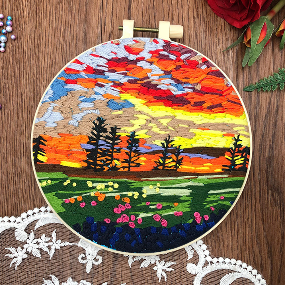 Bright Spring Scene - DIY Embroidery Cross Stitch Kit with Pattern Cotton Threads Needles Hoop 30x30CM/11.81x11.81in