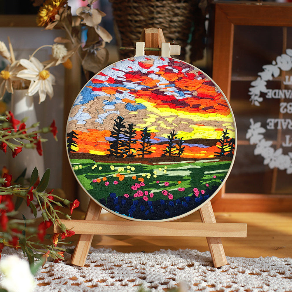 Bright Spring Scene - DIY Embroidery Cross Stitch Kit with Pattern Cotton Threads Needles Hoop 30x30CM/11.81x11.81in