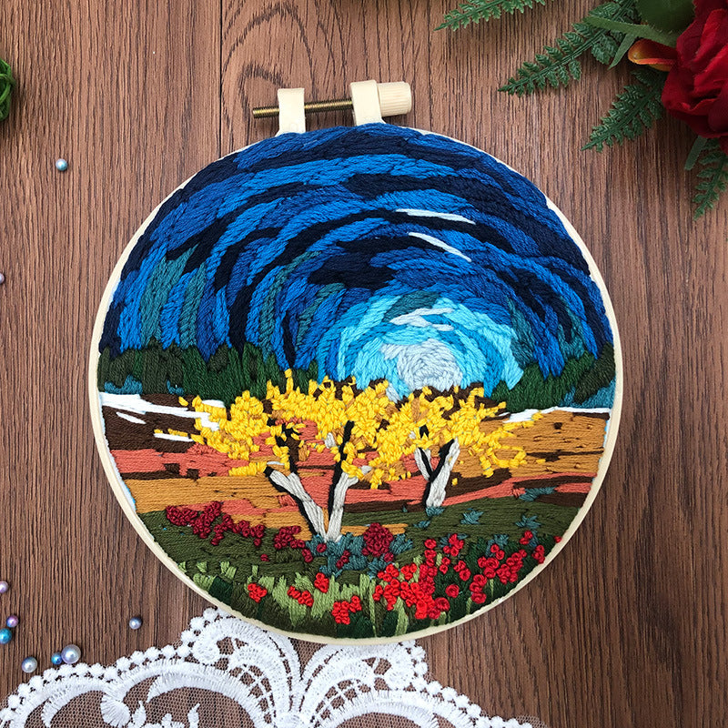 Lake & Mountain Scenery - DIY Embroidery Cross Stitch Kit with Pattern Cotton Threads Needles Hoop 30x30CM/11.81x11.81in