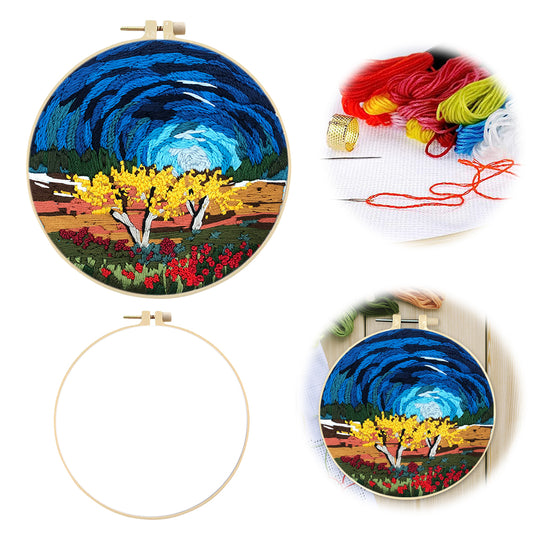 Lake & Mountain Scenery - DIY Embroidery Cross Stitch Kit with Pattern Cotton Threads Needles Hoop 30x30CM/11.81x11.81in