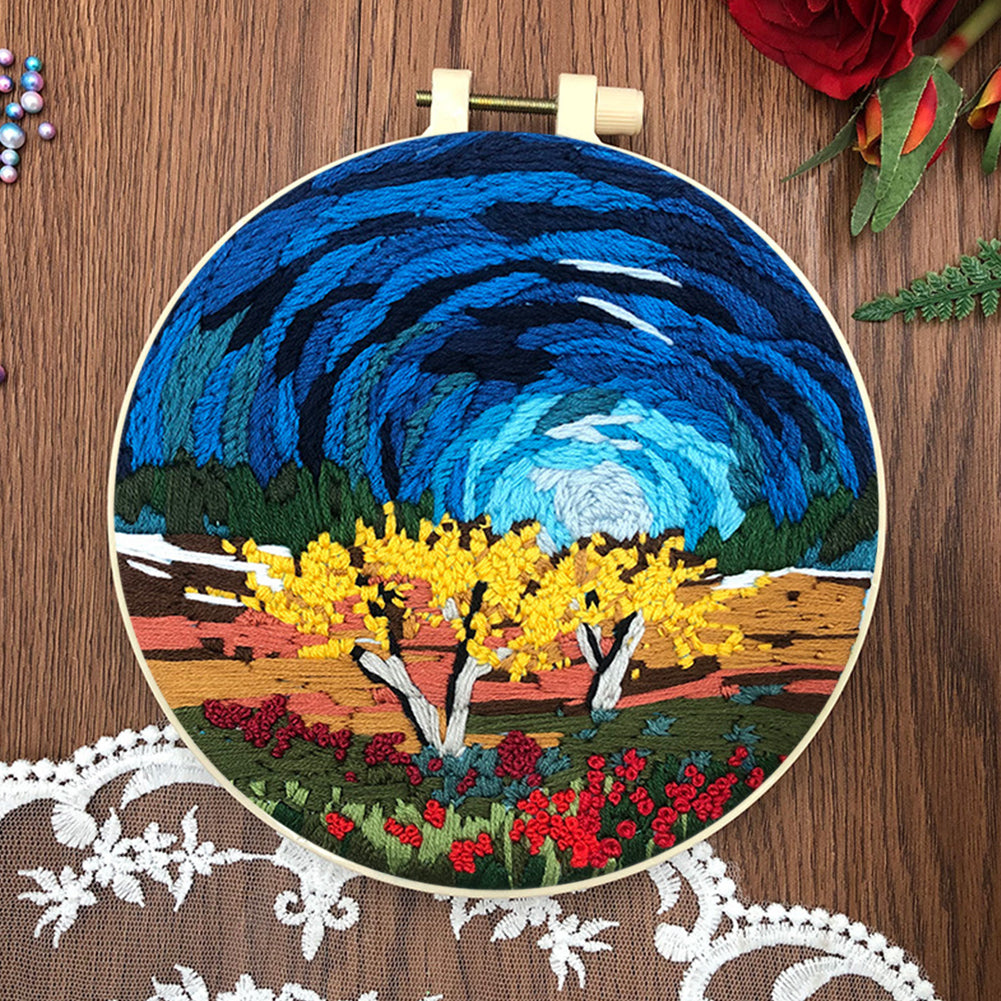 Lake & Mountain Scenery - DIY Embroidery Cross Stitch Kit with Pattern Cotton Threads Needles Hoop 30x30CM/11.81x11.81in