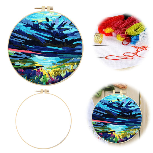 Water & Sky Merging - DIY Embroidery Cross Stitch Kit with Pattern Cotton Threads Needles Hoop 30x30CM/11.81x11.81in