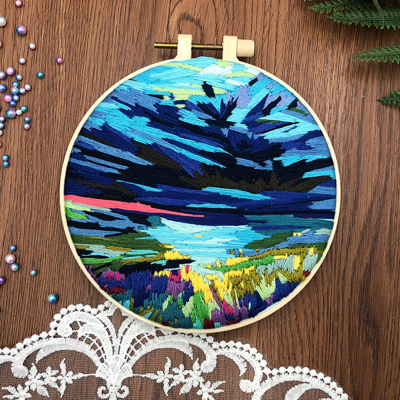 Water & Sky Merging - DIY Embroidery Cross Stitch Kit with Pattern Cotton Threads Needles Hoop 30x30CM/11.81x11.81in