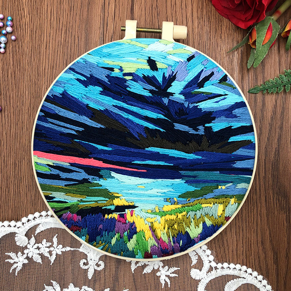 Water & Sky Merging - DIY Embroidery Cross Stitch Kit with Pattern Cotton Threads Needles Hoop 30x30CM/11.81x11.81in