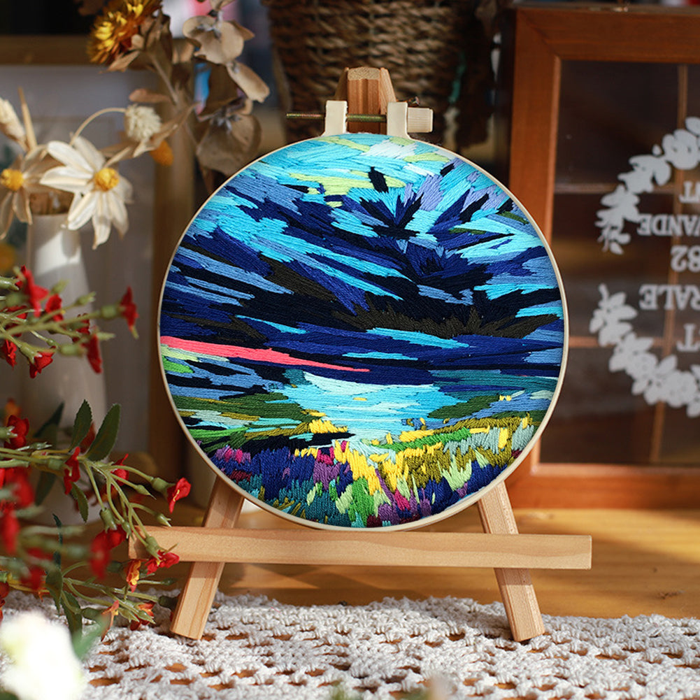 Water & Sky Merging - DIY Embroidery Cross Stitch Kit with Pattern Cotton Threads Needles Hoop 30x30CM/11.81x11.81in
