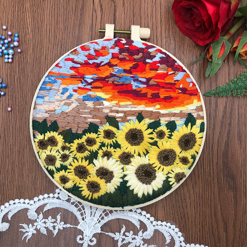 Beautiful Mountains & Waters - DIY Embroidery Cross Stitch Kit with Pattern Cotton Threads Needles Hoop 30x30CM/11.81x11.81in