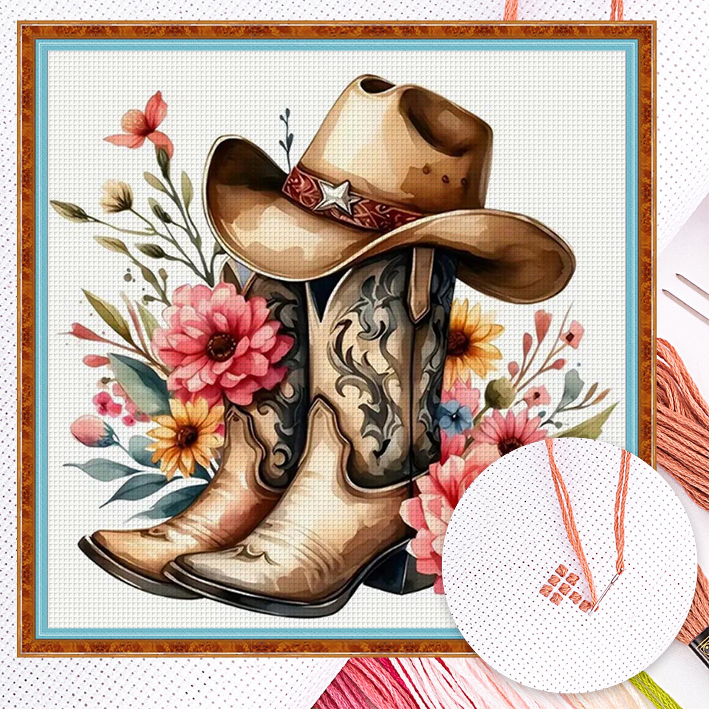 Cowboy Boots With Flowers And Plants - Full 11CT Counted Cross Stitch 40x40CM - Yishu