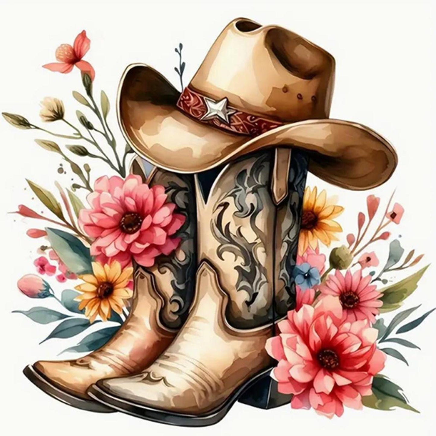 Cowboy Boots With Flowers And Plants - Full 11CT Counted Cross Stitch 40x40CM - Yishu