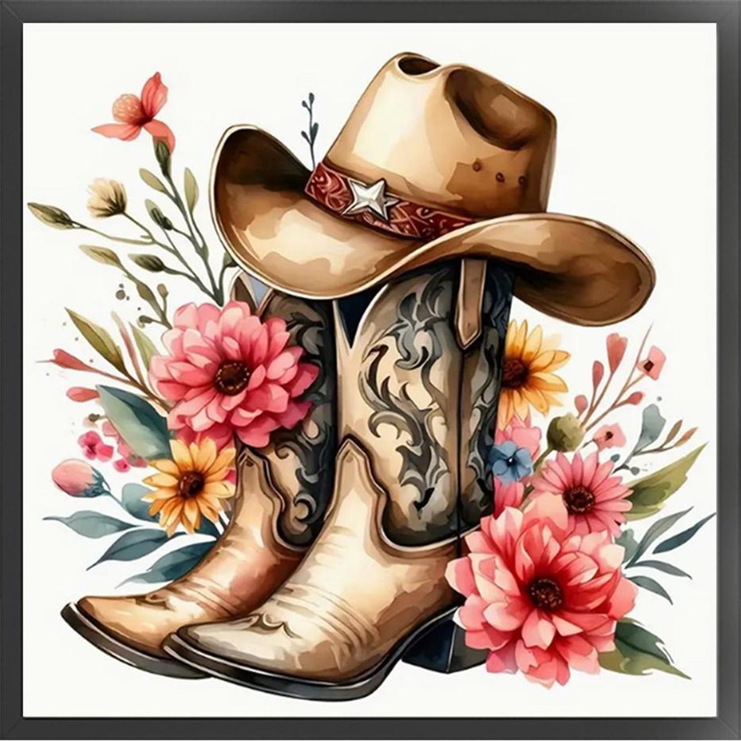 Cowboy Boots With Flowers And Plants - Full 11CT Counted Cross Stitch 40x40CM - Yishu