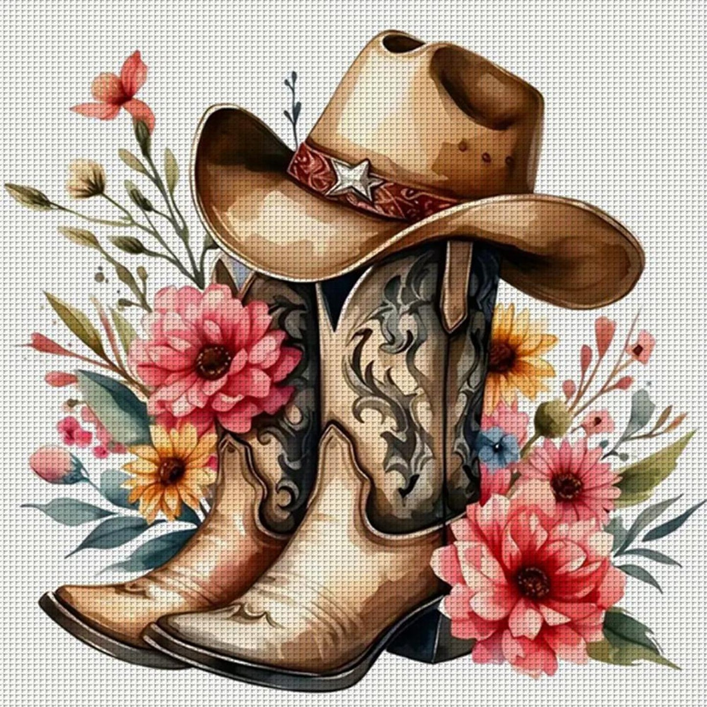 Cowboy Boots With Flowers And Plants - Full 11CT Counted Cross Stitch 40x40CM - Yishu