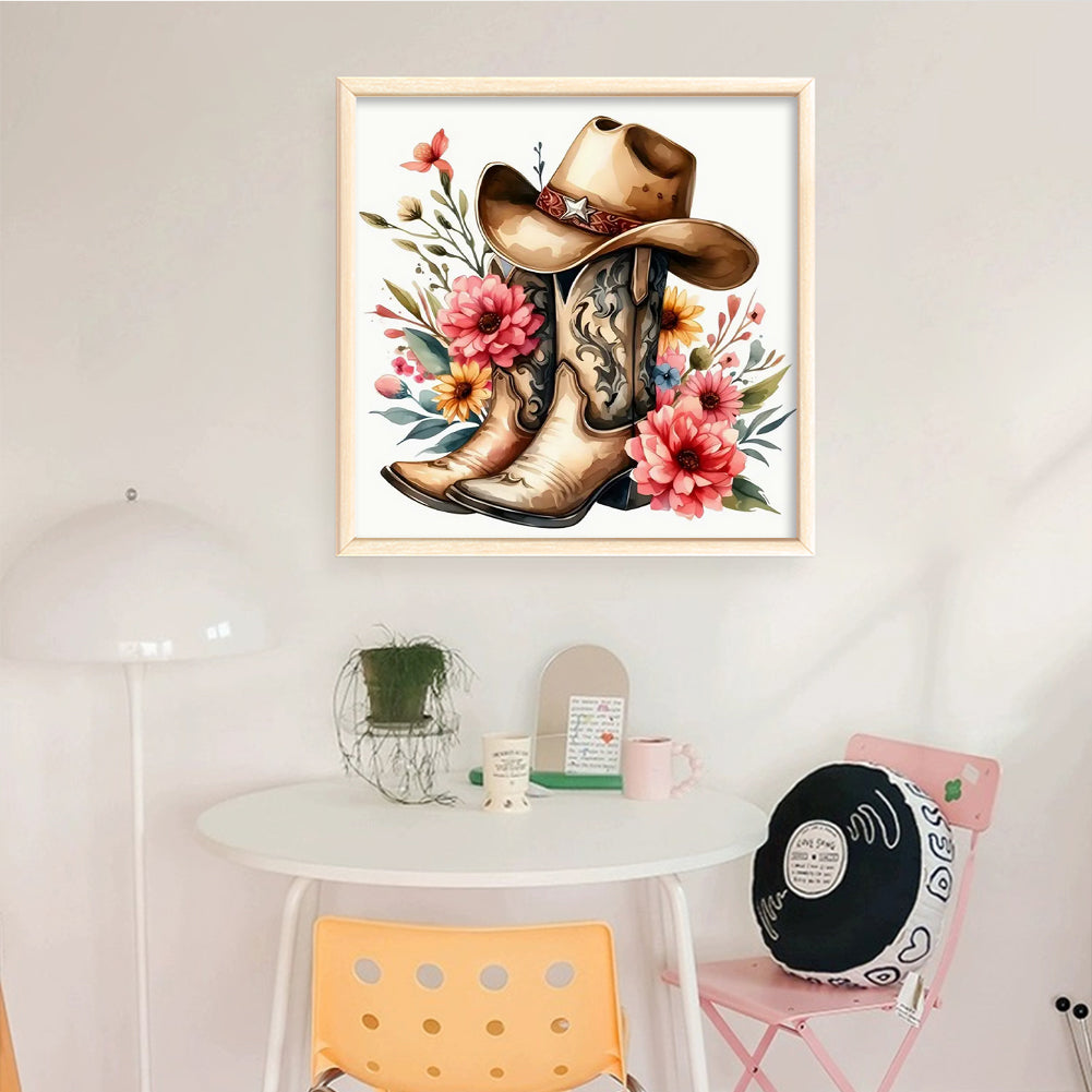 Cowboy Boots With Flowers And Plants - Full 11CT Counted Cross Stitch 40x40CM - Yishu