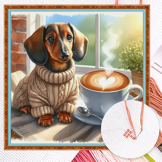 Dachshund With Coffee-Dog - Full 11CT Counted Cross Stitch 40x40CM - Yishu