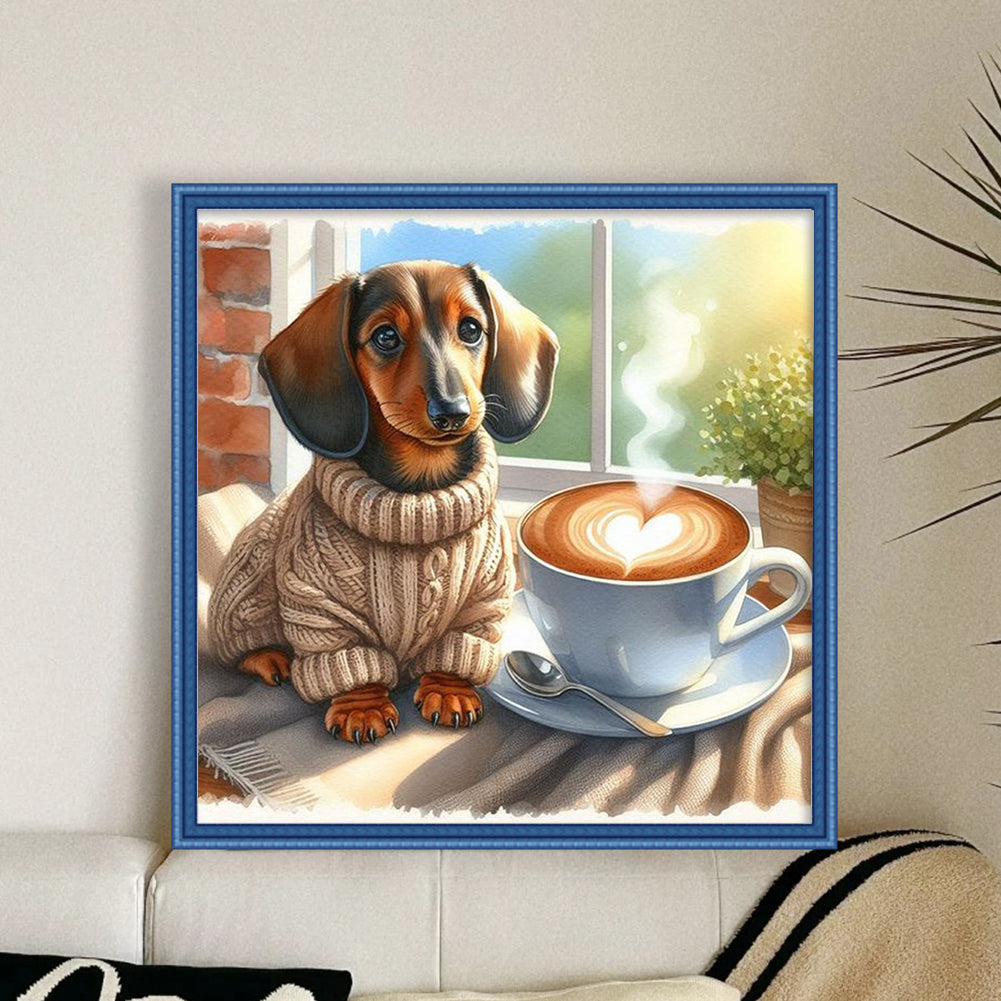 Dachshund With Coffee-Dog - Full 11CT Counted Cross Stitch 40x40CM - Yishu